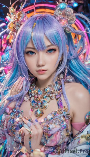 1girl,solo,long hair,breasts,looking at viewer,bangs,blue eyes,large breasts,hair ornament,cleavage,bare shoulders,jewelry,medium breasts,closed mouth,blue hair,upper body,multicolored hair,earrings,detached sleeves,necklace,nail polish,bracelet,lips,fingernails,eyelashes,makeup,ring,gem,pink nails,beads,pink lips,realistic,multicolored nails,nail art,purple hair,flower