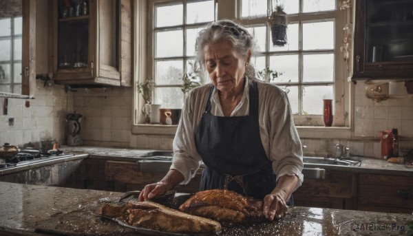 1girl,solo,shirt,long sleeves,closed mouth,closed eyes,white shirt,white hair,grey hair,one eye closed,food,day,indoors,water,apron,window,facial hair,scar,knife,plant,scar on face,sleeves rolled up,realistic,bread,old,old man,cooking,kitchen,frying pan,sink,black apron,faucet,old woman,wrinkled skin,cutting board,blood,scar across eye