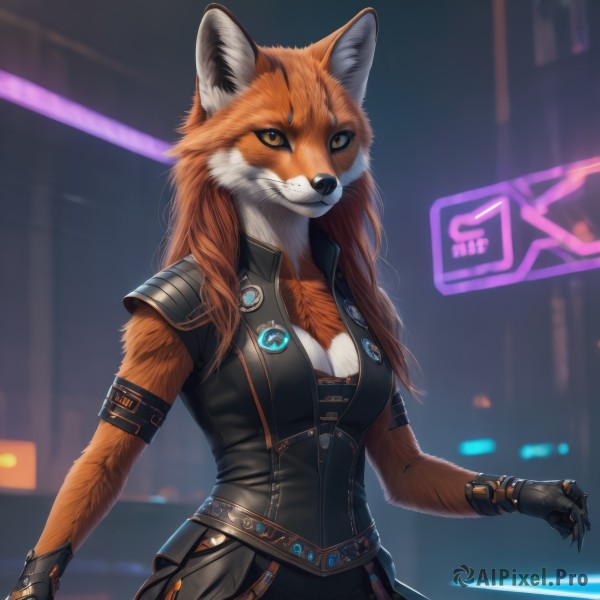 1girl,solo,long hair,breasts,looking at viewer,gloves,animal ears,cleavage,jewelry,medium breasts,closed mouth,standing,tail,weapon,cowboy shot,black gloves,belt,pants,artist name,fingerless gloves,orange hair,armor,blurry,orange eyes,fox ears,blurry background,fox tail,black pants,claws,furry,armlet,science fiction,furry female,body fur,animal nose,fox,snout,neon lights,orange fur,brown eyes,jacket,vest