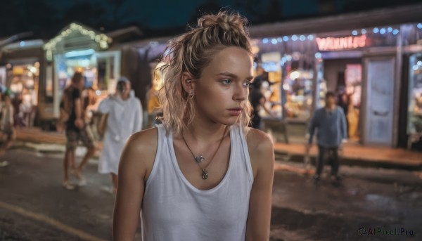 1girl,blue eyes,blonde hair,brown hair,shirt,bare shoulders,jewelry,closed mouth,collarbone,white shirt,upper body,earrings,outdoors,sleeveless,solo focus,dark skin,medium hair,necklace,blurry,dark-skinned female,lips,looking to the side,night,depth of field,blurry background,looking away,tank top,freckles,realistic,white tank top,solo,long hair,dress,white dress,curly hair