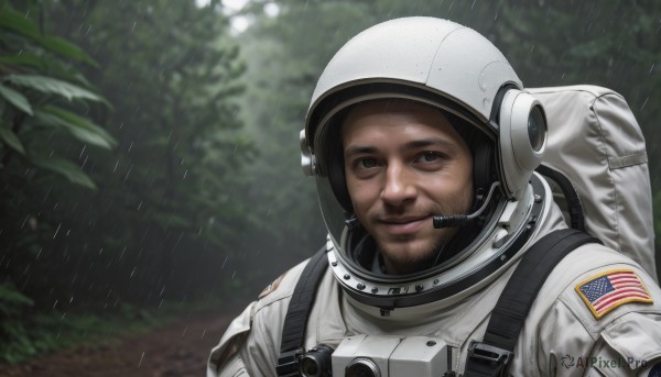 solo,looking at viewer,smile,black hair,1boy,brown eyes,closed mouth,upper body,male focus,outdoors,bag,blurry,black eyes,tree,blurry background,facial hair,backpack,helmet,beard,headset,rain,realistic,stubble,american flag,spacesuit,japanese flag,astronaut,lips,leaf,portrait,goatee,space helmet