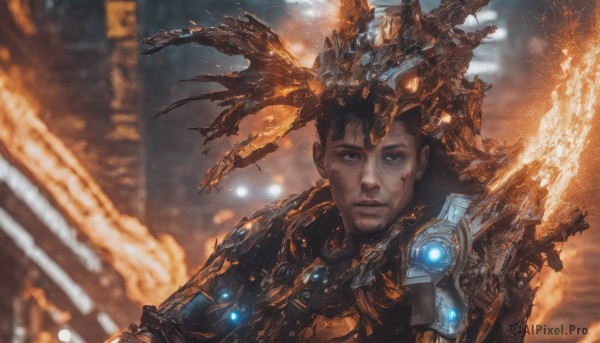 solo,looking at viewer,short hair,black hair,1boy,holding,upper body,weapon,male focus,sword,armor,blurry,blurry background,glowing,facial hair,fire,science fiction,realistic,cyborg,power armor,cyberpunk,brown hair,closed mouth,outdoors,black eyes,tattoo,depth of field,facial mark,light particles,serious,nose,facial tattoo,dirty,dirty face