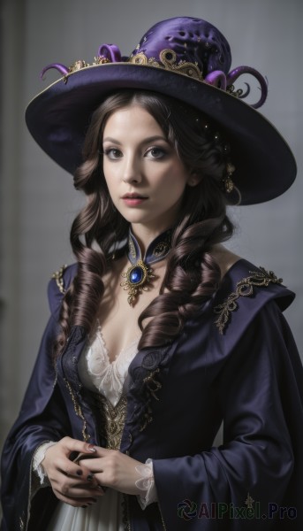 1girl,solo,long hair,breasts,looking at viewer,brown hair,black hair,long sleeves,hat,dress,cleavage,brown eyes,jewelry,medium breasts,upper body,choker,nail polish,black eyes,lips,makeup,witch hat,drill hair,ring,lipstick,black nails,earrings,small breasts,necklace,fingernails,own hands together,gem,lace trim,lace,realistic,nose,witch,purple headwear