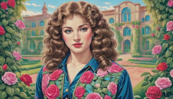 1girl,solo,long hair,looking at viewer,blue eyes,brown hair,shirt,jewelry,collarbone,upper body,flower,earrings,outdoors,sky,day,collared shirt,cloud,blue sky,lips,window,makeup,buttons,rose,leaf,floral print,blue shirt,plant,lipstick,red flower,building,pink flower,curly hair,red rose,red lips,bush,pink rose,castle,blush,cloudy sky,portrait,nose,eyeliner,mascara