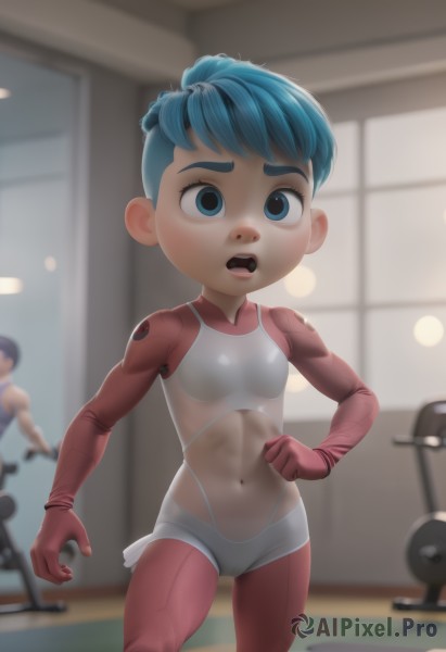 1girl,breasts,short hair,open mouth,blue eyes,multiple girls,gloves,navel,2girls,blue hair,small breasts,teeth,solo focus,indoors,blurry,leotard,see-through,bodysuit,depth of field,blurry background,red bodysuit,gym,solo,looking at viewer,midriff,abs,personification