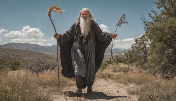 solo,long hair,long sleeves,1boy,holding,standing,full body,white hair,male focus,outdoors,sky,day,cloud,wide sleeves,tree,blue sky,shadow,facial hair,brown footwear,grass,staff,beard,walking,robe,mustache,holding staff,old,old man,black robe,wizard,jewelry,flower,shoes,bag,nature,scenery,facing viewer,mountain,realistic,bald,mountainous horizon