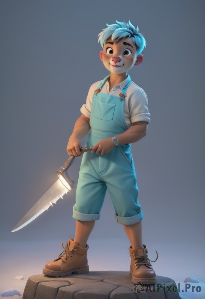 solo,looking at viewer,blush,smile,short hair,open mouth,shirt,1boy,holding,brown eyes,blue hair,standing,full body,white shirt,weapon,short sleeves,male focus,boots,collared shirt,artist name,dark skin,holding weapon,black eyes,brown footwear,dark-skinned male,knife,freckles,watch,rock,holding knife,wristwatch,overalls,male child,shoes,shorts,teeth,glowing,thick eyebrows,bandaid,bandaid on face