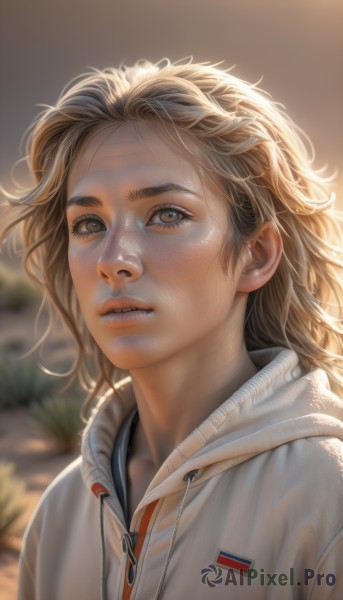 1girl,solo,long hair,looking at viewer,blonde hair,brown hair,brown eyes,jacket,upper body,outdoors,parted lips,teeth,artist name,hood,medium hair,blurry,lips,wet,eyelashes,hoodie,depth of field,blurry background,hood down,messy hair,portrait,freckles,realistic,nose,drawstring,white hoodie,day,sunlight,white jacket,wind,hooded jacket,close-up,zipper,backlighting,american flag,japanese flag