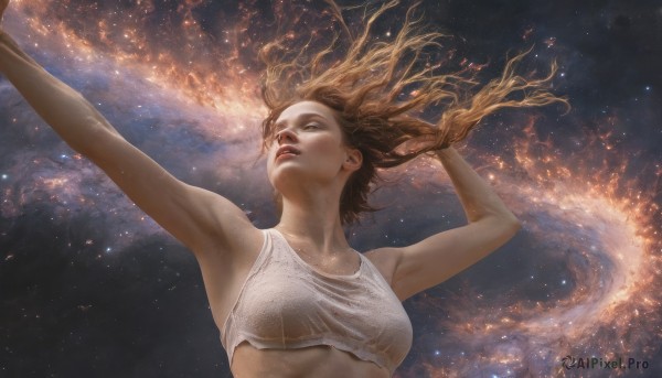 1girl,solo,long hair,breasts,blonde hair,brown hair,medium breasts,upper body,parted lips,sky,armpits,arm up,arms up,lips,crop top,underboob,floating hair,looking up,star (sky),starry sky,realistic,space,galaxy,open mouth,collarbone,closed eyes,planet