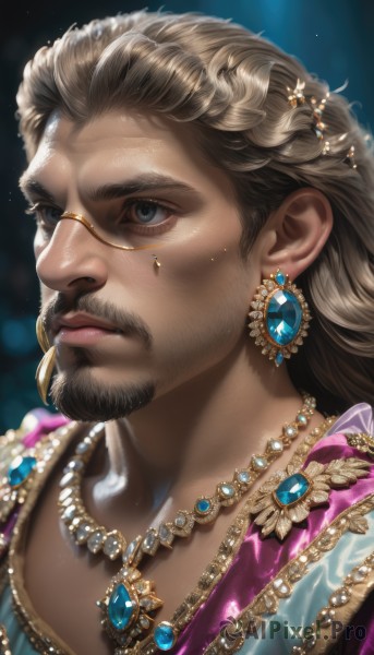 solo,long hair,blue eyes,brown hair,hair ornament,1boy,jewelry,closed mouth,upper body,male focus,earrings,glasses,necklace,lips,looking to the side,grey eyes,facial hair,looking away,gem,portrait,beard,gold trim,glint,realistic,nose,mustache,looking afar,gold,blue gemstone,braid,dark skin,mole,blurry,scar,dark-skinned male,manly