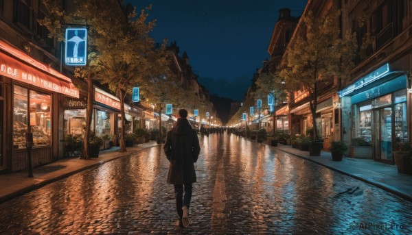 1girl, solo, outdoors, sky, shoes, from behind, tree, coat, night, plant, building, star (sky), night sky, scenery, reflection, walking, city, sign, potted plant, road, street, shop, vending machine, neon lights, pavement, vanishing point