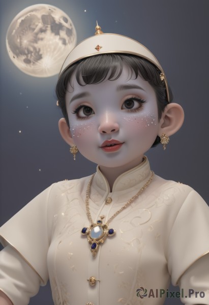 1girl,solo,breasts,looking at viewer,short hair,shirt,black hair,hat,dress,brown eyes,jewelry,white shirt,upper body,short sleeves,hairband,earrings,small breasts,parted lips,sky,necklace,black eyes,lips,eyelashes,night,moon,gem,star (sky),night sky,full moon,freckles,realistic,bangs,teeth,makeup,chinese clothes,cross,lipstick,red lips