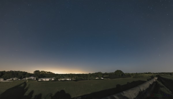 outdoors,sky,tree,no humans,night,grass,building,star (sky),nature,night sky,scenery,starry sky,road,river,landscape,hill,sunset,horizon