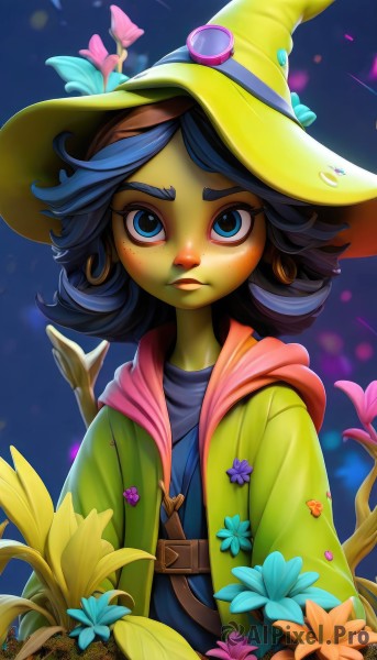 1girl,solo,looking at viewer,short hair,blue eyes,black hair,hat,jewelry,closed mouth,blue hair,jacket,upper body,flower,earrings,open clothes,belt,dark skin,hood,medium hair,open jacket,dark-skinned female,lips,witch hat,colored skin,leaf,blue background,thick eyebrows,plant,freckles,blue flower,curly hair,hoop earrings,yellow flower,witch,flipped hair,green skin,yellow headwear,purple hair,artist name,hoodie,watermark,web address,buckle