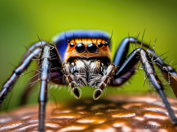 solo,looking at viewer,open mouth,full body,teeth,blurry,no humans,depth of field,blurry background,sunglasses,bug,claws,spikes,monster,motion blur,realistic,antennae,silk,spider,outdoors,black eyes,animal,grass,green background,animal focus,extra eyes,horror (theme)