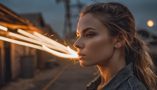 1girl,solo,long hair,blue eyes,brown hair,jewelry,jacket,earrings,outdoors,blurry,lips,profile,depth of field,blurry background,fire,denim,building,portrait,smoke,realistic,nose,stud earrings,breathing fire,denim jacket,blonde hair,from side,eyelashes,sexually suggestive,laser