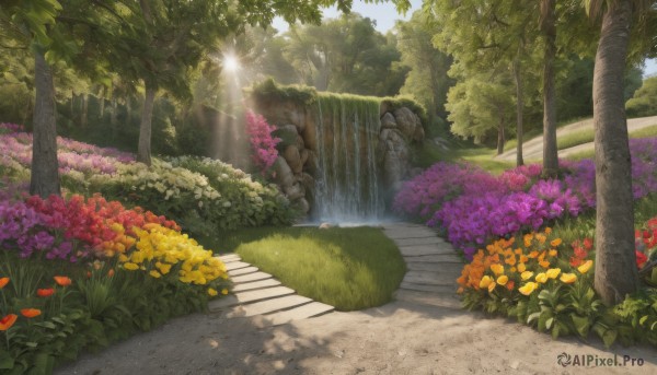 flower,outdoors,sky,day,water,tree,no humans,sunlight,grass,plant,red flower,nature,scenery,pink flower,forest,light rays,rock,yellow flower,purple flower,road,bush,sunbeam,waterfall,orange flower,path,garden,blue sky,river