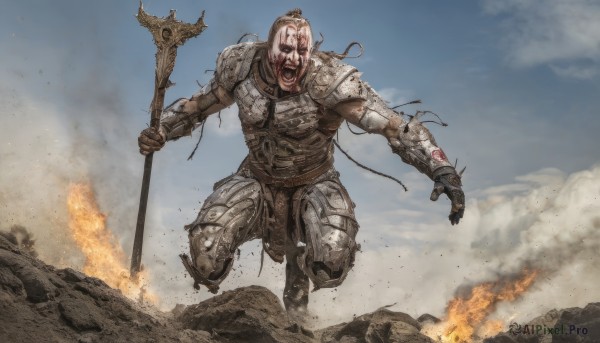 solo,open mouth,1boy,holding,full body,weapon,male focus,boots,outdoors,sky,teeth,holding weapon,armor,blood,facial hair,helmet,fire,staff,shoulder armor,gauntlets,pauldrons,breastplate,holding staff,running,realistic,fantasy,manly,soldier,screaming,dust