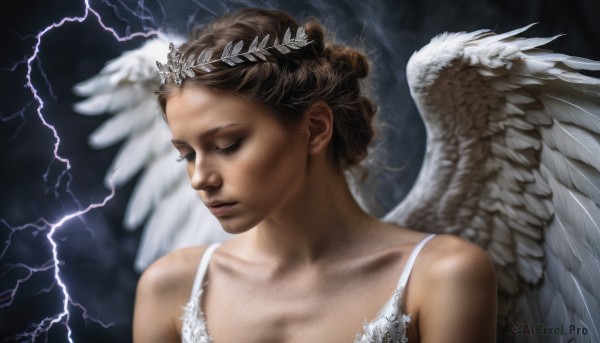 1girl,solo,short hair,brown hair,dress,bare shoulders,closed mouth,collarbone,closed eyes,upper body,wings,white dress,lips,portrait,feathered wings,angel wings,realistic,nose,white wings,angel,head wreath,lightning,breasts,cleavage,underwear,tiara