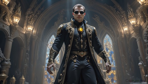 solo,looking at viewer,gloves,long sleeves,1boy,jewelry,closed mouth,standing,male focus,cowboy shot,earrings,open clothes,belt,pants,indoors,dark skin,necklace,coat,black pants,sunlight,sunglasses,dark-skinned male,gem,open coat,black coat,light rays,arms at sides,bald,statue,stained glass,church,arch,priest,short hair,shirt,black hair,jacket,white hair,window,facial hair,light,leather,pillar,leather gloves