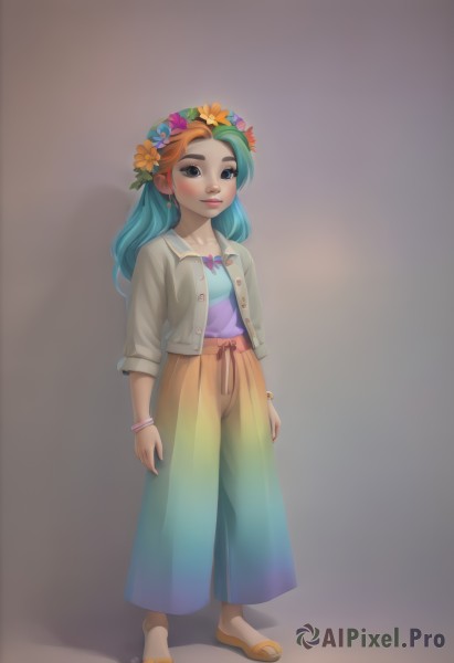 1girl,solo,long hair,looking at viewer,blush,smile,blue eyes,simple background,shirt,hair ornament,jewelry,closed mouth,blue hair,standing,collarbone,jacket,full body,flower,multicolored hair,earrings,open clothes,pants,artist name,signature,hair flower,orange hair,black eyes,bracelet,two-tone hair,lips,see-through,aqua hair,makeup,shadow,watermark,sandals,freckles,arms at sides,bangle,head wreath,flower wreath,long sleeves,green hair,open jacket,gradient,thick eyebrows,blue shirt,web address,purple shirt,orange flower,flower earrings