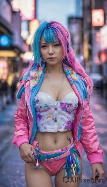 1girl,solo,long hair,breasts,looking at viewer,bangs,large breasts,hair ornament,long sleeves,navel,cleavage,brown eyes,jewelry,medium breasts,underwear,blue hair,standing,panties,jacket,pink hair,multicolored hair,cowboy shot,outdoors,food,open clothes,shorts,hairclip,midriff,belt,nail polish,blurry,two-tone hair,open jacket,lips,crop top,fingernails,short shorts,makeup,blurry background,thigh gap,ring,candy,pink nails,eyeshadow,cropped jacket,lollipop,realistic,pink jacket,split-color hair,pink shorts,purple eyes,parted lips,depth of field,headphones,watermark,piercing,black nails,web address,multicolored clothes,zipper,blue nails,city,purple nails,road,navel piercing,street,multicolored jacket,cyberpunk,neon lights