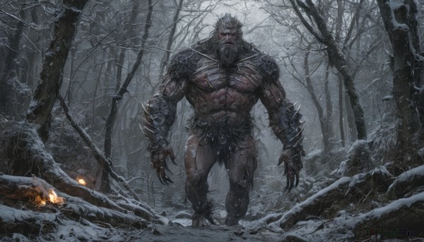 solo,red eyes,1boy,standing,weapon,male focus,outdoors,sword,armor,tree,blood,muscular,glowing,facial hair,scar,abs,helmet,fire,muscular male,shoulder armor,gauntlets,nature,glowing eyes,beard,snow,forest,pauldrons,snowing,loincloth,bare tree,death,corpse,teeth,night,colored skin,crown,scenery,claws,topless male,rock,mustache,bald,manly