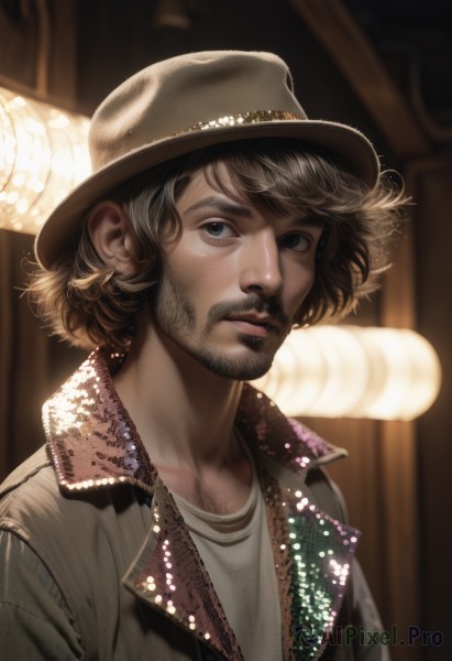 solo,looking at viewer,short hair,blue eyes,brown hair,shirt,black hair,1boy,hat,jewelry,jacket,white shirt,upper body,male focus,parted lips,blurry,black eyes,lips,blurry background,facial hair,beard,freckles,curly hair,brown jacket,realistic,nose,mustache,brown headwear,cowboy hat,earrings,necklace,light,manly,leather,chest hair,leather jacket