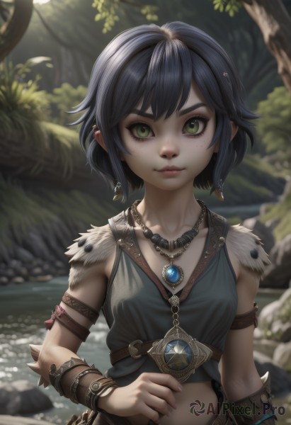 1girl,solo,breasts,looking at viewer,smile,short hair,bangs,shirt,black hair,navel,bare shoulders,jewelry,closed mouth,green eyes,collarbone,upper body,earrings,small breasts,outdoors,sleeveless,day,midriff,belt,artist name,water,necklace,blurry,bracelet,tree,lips,fingernails,fur trim,eyelashes,sleeveless shirt,depth of field,blurry background,watermark,piercing,gem,ear piercing,nature,armband,web address,armlet,pendant,forest,freckles,rock,realistic,nose,bracer,river,tooth necklace,dress,blue hair,signature