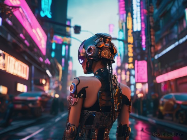 1girl,solo,bare shoulders,upper body,outdoors,sleeveless,dark skin,from behind,blurry,dark-skinned female,depth of field,blurry background,headphones,helmet,robot,ground vehicle,building,motor vehicle,science fiction,city,android,car,road,joints,cyborg,street,robot joints,cyberpunk,humanoid robot,neon lights,tattoo,night,glowing,tank top,cityscape,mechanical arms,shoulder tattoo