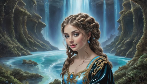 1girl,solo,long hair,breasts,looking at viewer,smile,blue eyes,brown hair,dress,cleavage,jewelry,closed mouth,collarbone,upper body,braid,earrings,small breasts,outdoors,artist name,signature,water,lips,eyelashes,makeup,night,blue dress,light smile,lipstick,gem,star (sky),nature,starry sky,realistic,nose,fantasy,crown braid,waterfall,lake,blonde hair,brown eyes,medium breasts,sky,watermark,plant,pink lips,red lips