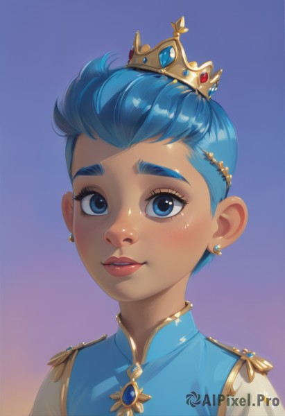 1girl,solo,looking at viewer,blush,smile,short hair,blue eyes,hair ornament,dress,jewelry,blue hair,upper body,earrings,parted lips,teeth,shiny,dark skin,lips,gradient,gradient background,eyelashes,makeup,blue dress,blue background,tiara,crown,gem,portrait,freckles,very short hair,bangs,simple background,artist name,signature,thick eyebrows,purple background,red lips,blue gemstone