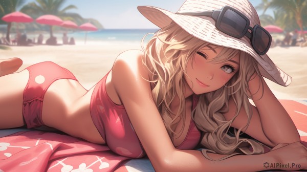 1girl,solo,long hair,breasts,looking at viewer,blush,smile,bangs,blonde hair,large breasts,hat,cleavage,hair between eyes,bare shoulders,medium breasts,closed mouth,collarbone,swimsuit,ass,bikini,outdoors,lying,one eye closed,sky,shorts,barefoot,day,blurry,tree,blue sky,lips,grey eyes,bare arms,depth of field,blurry background,ocean,white headwear,umbrella,wavy hair,beach,sunglasses,on stomach,towel,eyewear on head,red bikini,sun hat,;),sand,palm tree,pink bikini,beach umbrella,beach towel,thighs,solo focus,water,dark-skinned female,bare legs,arm support,patreon username,pink lips,the pose,elbow rest,people