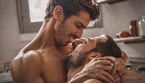 short hair,open mouth,brown hair,black hair,jewelry,nipples,closed eyes,upper body,male focus,nude,multiple boys,teeth,tongue,indoors,2boys,tongue out,blurry,looking at another,completely nude,window,saliva,muscular,blurry background,facial hair,ring,pectorals,couple,muscular male,kiss,bara,yaoi,beard,licking,realistic,stubble,wedding ring,undercut,chest hair,kitchen,arm hair,hairy,body hair,hand on another's neck,hug,mustache