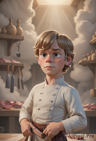 solo,short hair,blonde hair,brown hair,long sleeves,1boy,holding,brown eyes,closed mouth,standing,male focus,food,indoors,apron,grey eyes,buttons,sunlight,knife,child,steam,smoke,freckles,holding knife,male child,kitchen,chef,kitchen knife,cutting board,blue eyes,upper body,artist name,cloud,lips,table,looking up,light rays,realistic,sunbeam,cooking,meat,onion