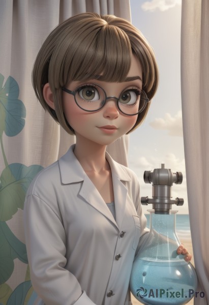 1girl,solo,breasts,looking at viewer,blush,smile,short hair,bangs,brown hair,shirt,long sleeves,holding,brown eyes,closed mouth,collarbone,white shirt,upper body,small breasts,sky,glasses,day,collared shirt,artist name,cloud,indoors,water,blue sky,lips,fingernails,eyelashes,window,dress shirt,buttons,ocean,leaf,plant,curtains,freckles,black-framed eyewear,pocket,nose,round eyewear,sunlight,thick eyebrows,labcoat