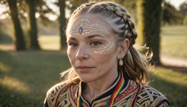 1girl,solo,long hair,looking at viewer,smile,brown hair,jewelry,closed mouth,upper body,braid,grey hair,earrings,outdoors,day,blurry,black eyes,lips,grey eyes,depth of field,blurry background,facial mark,gem,portrait,french braid,freckles,circlet,realistic,nose,hair pulled back