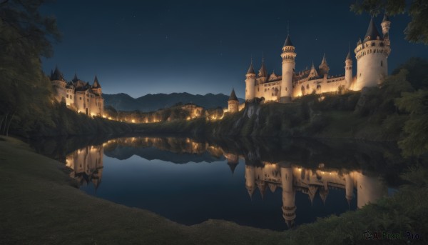 outdoors,sky,water,tree,no humans,night,grass,building,star (sky),nature,night sky,scenery,forest,starry sky,mountain,fantasy,bridge,river,castle,tower,landscape,lake,reflection,cliff,arch,reflective water