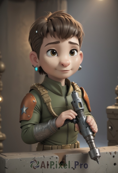 solo,smile,short hair,brown hair,1boy,holding,brown eyes,jewelry,closed mouth,weapon,male focus,earrings,holding weapon,armor,gun,military,shoulder armor,child,freckles,male child,upper body,belt,uniform,military uniform,zipper,realistic,shoulder pads,flashlight