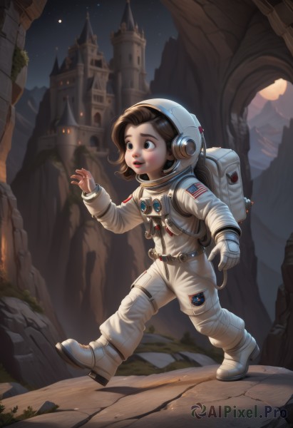 1girl,solo,short hair,open mouth,blue eyes,brown hair,gloves,brown eyes,full body,boots,outdoors,parted lips,sky,teeth,signature,bag,star (symbol),night,moon,backpack,helmet,building,child,star (sky),night sky,starry sky,walking,science fiction,running,female child,castle,american flag,spacesuit,space helmet,astronaut,scenery,rock,realistic,fantasy,space,ruins,planet