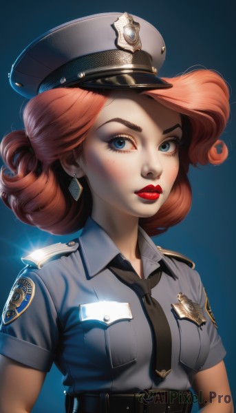 1girl,solo,breasts,looking at viewer,short hair,blue eyes,simple background,brown hair,shirt,hat,jewelry,medium breasts,upper body,short sleeves,red hair,earrings,necktie,collared shirt,belt,uniform,lips,eyelashes,makeup,blue background,blue shirt,lipstick,peaked cap,black necktie,freckles,curly hair,pocket,glint,red lips,breast pocket,police,police uniform,policewoman,police hat,small breasts,parted lips,artist name,eyeshadow,backlighting,nose,badge,mascara