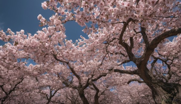 outdoors, sky, day, signature, tree, blue sky, no humans, cherry blossoms, scenery, spring (season)