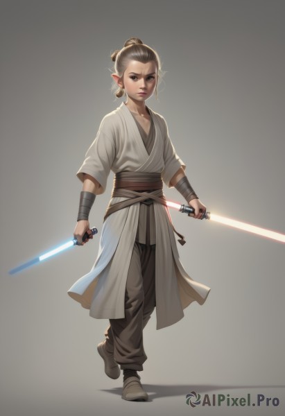 1girl,solo,looking at viewer,simple background,brown hair,holding,brown eyes,jewelry,standing,full body,weapon,earrings,pointy ears,pants,sword,grey background,hair bun,holding weapon,lips,sash,holding sword,single hair bun,elf,walking,science fiction,dual wielding,robe,realistic,hair pulled back,dougi,energy sword,lightsaber,animification