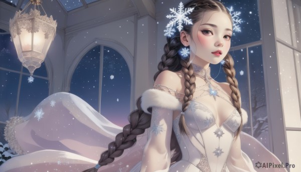 A striking snowy night sky featuring the elegance of a female