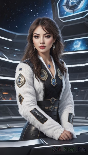 1girl,solo,long hair,breasts,looking at viewer,brown hair,long sleeves,brown eyes,jewelry,earrings,parted lips,necklace,lips,fur trim,makeup,lipstick,star (sky),pendant,starry sky,science fiction,realistic,nose,red lips,space,planet,earth (planet),spacecraft,dress,sky,belt,black dress,night,ring,own hands together,eyeshadow,emblem,insignia