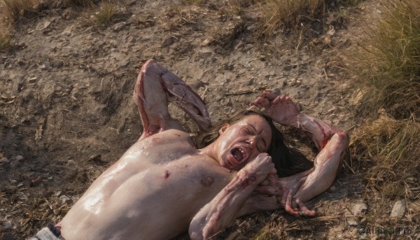 1girl,solo,long hair,open mouth,brown hair,black hair,1boy,navel,nipples,closed eyes,upper body,male focus,nude,outdoors,lying,teeth,on back,armpits,blood,grass,injury,realistic,on ground,dirty,topless male