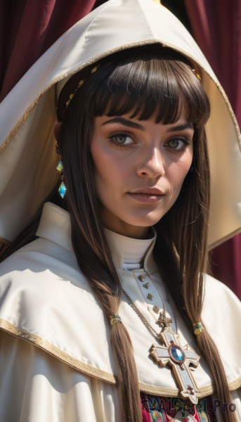 1girl,solo,long hair,looking at viewer,bangs,brown hair,black hair,brown eyes,jewelry,closed mouth,upper body,sidelocks,earrings,hood,blunt bangs,necklace,lips,capelet,cross,curtains,veil,freckles,realistic,nose,nun,habit,white capelet,braid,dark skin,twin braids,dark-skinned female,gem,portrait