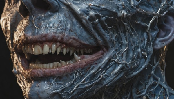 solo,open mouth,simple background,1boy,male focus,teeth,tongue,tongue out,water,no humans,saliva,sharp teeth,black background,close-up,spikes,monster,realistic,blue skin