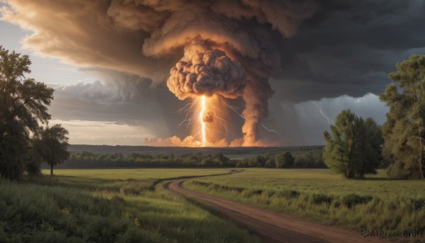 outdoors,sky,day,cloud,tree,no humans,cloudy sky,grass,nature,scenery,forest,smoke,mountain,fantasy,electricity,lightning,landscape,road