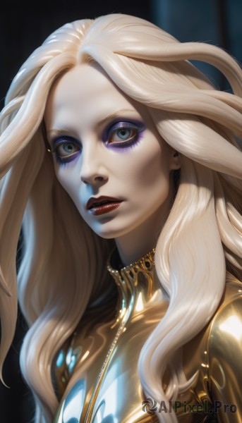 1girl,solo,long hair,looking at viewer,blue eyes,blonde hair,jewelry,upper body,parted lips,lips,grey eyes,eyelashes,bodysuit,makeup,lipstick,pale skin,portrait,eyeshadow,realistic,nose,red lips,eyeliner,mascara,black lips,earrings,teeth,artist name,armor,wavy hair,forehead